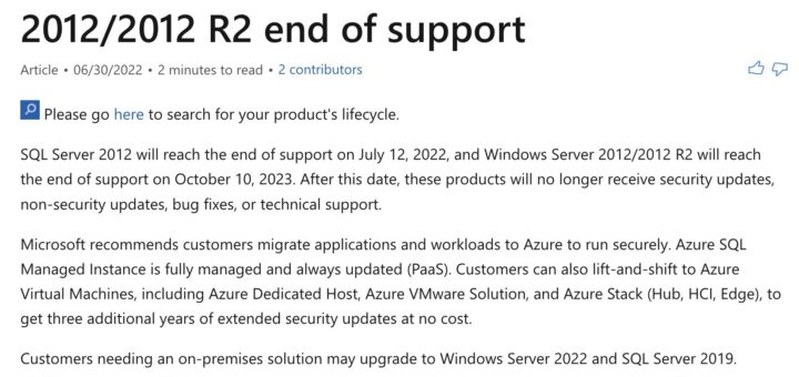 Microsoft issues warning on windows server 2012 eol
