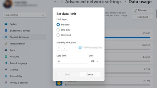 Data limit windows 11