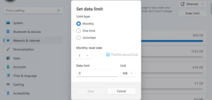 Data limit windows 11