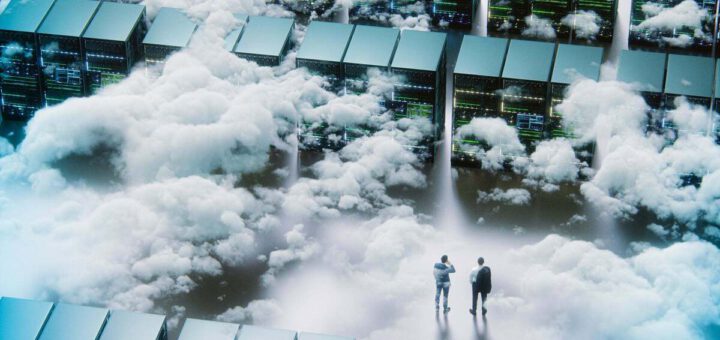 Two figures within a data center / server maze, strewn with clouds.
