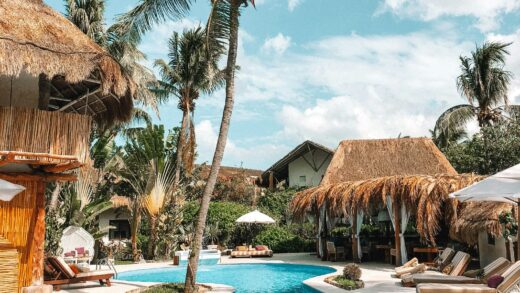 Tropical resort pool palm trees
