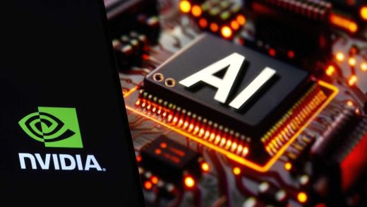 NVIDIA logo on phone and blurred AI chip on the background, USA, February 15, 2024
