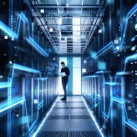Male IT Engineer Works on a Laptop in a Big Data Center. Rows of Rack Servers with High Speed Internet Visualization.
