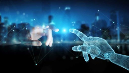 Wireframed Robot hand connecting with human hand on dark background. Agentic AI.