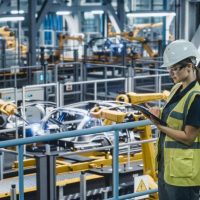 Female Car Factory Engineer in High Visibility Vest Using Tablet Computer. Automotive Industrial Manufacturing Facility Working on Vehicle Production with Robotic Technology. Automated Assembly Plant.