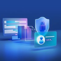 Stylized monitor and technology icons with a lock and shield.