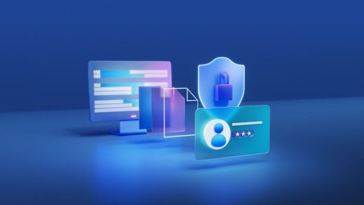 Stylized monitor and technology icons with a lock and shield.