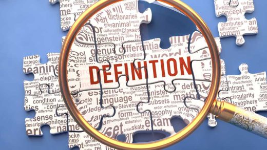 Definition as a complex and multipart topic under close inspection. Complexity shown as matching puzzle pieces defining dozens of vital ideas and concepts about Definition,3d illustration