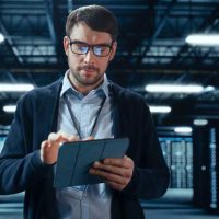 Male IT Specialist Walks Between Row of Operational Server Racks in Data Center. Engineer Uses Tablet Computer for Maintenance. Concept for Cloud Computing, Artificial Intelligence, Cybersecurity.