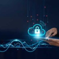 Cloud Security Concept: Businessman uses tablet on Secure Global Networking, Data Encryption, Firewall Protection, Continuous Monitoring, to Develop Smart Solutions from Digital Technology.