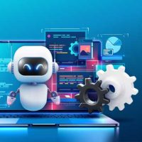 An engaging image of a robot AI assistant offering support, depicted with floating gears and a high-tech laptop interface. Bot with digital tablet near gears and messages.