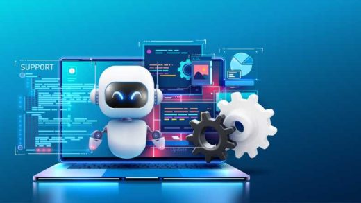 An engaging image of a robot AI assistant offering support, depicted with floating gears and a high-tech laptop interface. Bot with digital tablet near gears and messages.