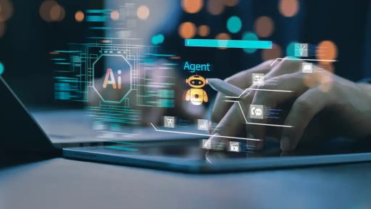 A person at a laptop with a stylus and visual overlay suggestive of AI agent development.