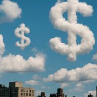 photo illustration of clouds in the shape of dollar signs above a city