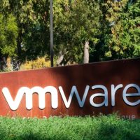 A photograph of a sign with the VMware logo.