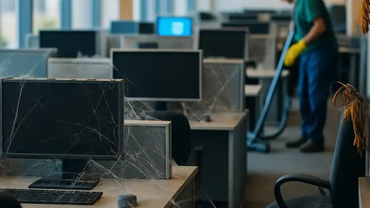 Bokeh photo of inside a modern, open it department in a modern, bright office that has no people. rows of cubicles are visible with computers that are turned off. the office is mostly clean and bright but cobwebs are visible on the workstations.. the