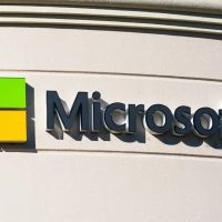 Microsoft sign and logo on the facade of corporation campus in Silicon Valley. The company headquartered in Redmond, Washington - Mountain View, California, USA - 2019