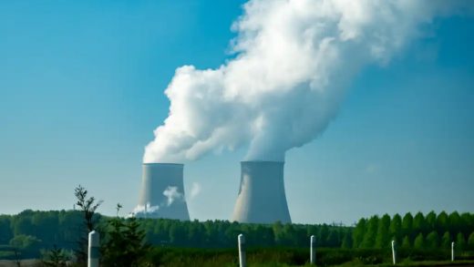 View on cooling towers of nuclear power plant thermal power station in which heat source is nuclear reactor, France, Europe, cheap energy source