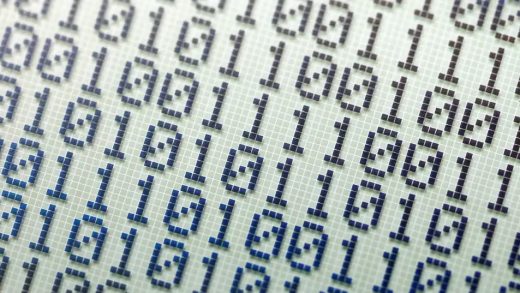 Binary number system, bits, binary numbers on an LCD display abstract wide background, banner, backdrop. Calculator screen macro, closeup, nobody. Math and computer science, electrical engineering