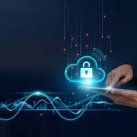 Cloud Security Concept: Businessman uses tablet on Secure Global Networking, Data Encryption, Firewall Protection, Continuous Monitoring, to Develop Smart Solutions from Digital Technology.
