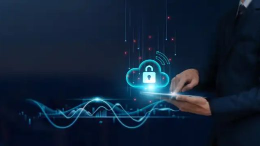 Cloud Security Concept: Businessman uses tablet on Secure Global Networking, Data Encryption, Firewall Protection, Continuous Monitoring, to Develop Smart Solutions from Digital Technology.