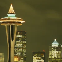 heavily illuminated top of space needle building seattle washington usa 200366798 001