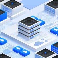 Data center infrastructure with interconnected servers, cloud computing, and virtual networks. Vector isometric illustration for advanced IT systems, big data, and cloud storage.