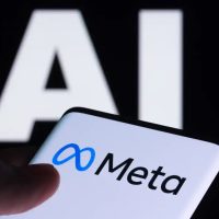 Meta logo seen on smartphone and AI letters on the background. Concept for Meta Facebook Artificial Intelligence. Stafford, UK, May 2, 2023