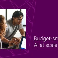 People working on devices at desk. Text reads "Budget-smart A I at scale."