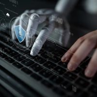 AI securing digital infrastructure, analyzing biometric authentication, monitoring threats, and managing identity protection through intelligent cybersecurity protocols. Latch