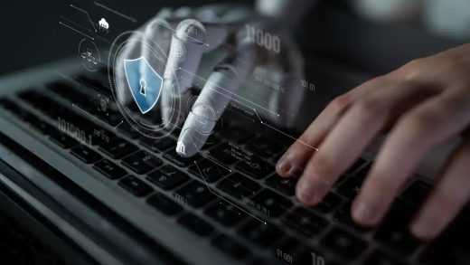 AI securing digital infrastructure, analyzing biometric authentication, monitoring threats, and managing identity protection through intelligent cybersecurity protocols. Latch