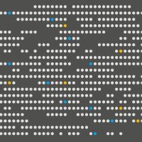 Rows of white dots, periodically interspersed with blue and yellow dots.