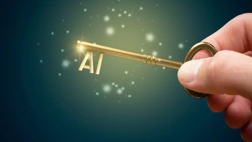 Unlock potential of AI (artificial intelligence) concept. Hand with golden key and acronym AI. Key to success with use of AI.