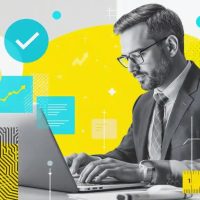 collage illustration of executive evaluating data on his laptop