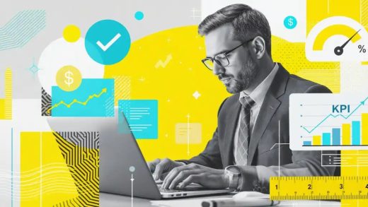 collage illustration of executive evaluating data on his laptop