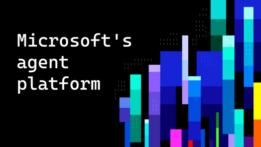 An image with the words Microsoft’s agent platform on the left side and multicolored bars of different heights and colors on the right side with small white vertical lines interspersed among and above some of the bars.