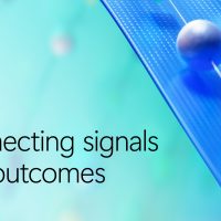 Abstract illustration representing connected signals and outcomes, featuring a blue diagonal digital pathway with floating geometric shapes, including spheres and cubes, on a teal gradient background. The text “Connecting signals and outcomes” appears prominently in the foreground