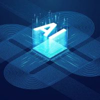 Abstract digital technology background. Isometric AI chip with AI hologram with circuit tech bg. Connected lines electric lightning. Bright light neon blue quantum CPU processor. Vector illustration.