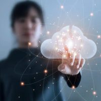 Business woman touching connect to data information on cloud computing network. Cloud computing concept.