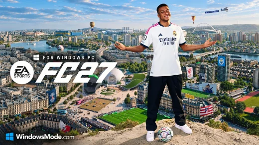 EA SPORTS FC 27 for Windows PC artwork with Kylian Mbappe in a Real Madrid shirt standing on a hilltop above a city full of football pitches