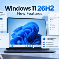 Windows 11 26H2 New Features title over a laptop with the Windows 11 bloom wallpaper, surrounded by panels for Windows settings backup, taskbar app actions in Notepad, File Explorer Home, security improvements and Windows Update