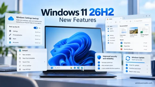Windows 11 26H2 New Features title over a laptop with the Windows 11 bloom wallpaper, surrounded by panels for Windows settings backup, taskbar app actions in Notepad, File Explorer Home, security improvements and Windows Update