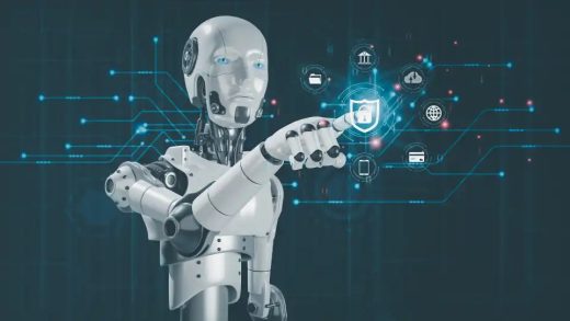 Artificial Intelligence Internet of Things Network Protection Global Business Robots Touch Key Protection Icons Digital technology concepts online marketing, data analysis, e-commerce connectivity