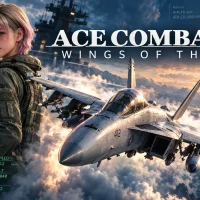 A pink-haired pilot in a green flight jacket holds her helmet on an aircraft carrier deck as an F/A-18 fighter jet flies over the clouds at sunset beneath the Ace Combat 8 Wings of Theve logo