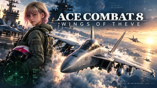 A pink-haired pilot in a green flight jacket holds her helmet on an aircraft carrier deck as an F/A-18 fighter jet flies over the clouds at sunset beneath the Ace Combat 8 Wings of Theve logo