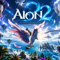Two Daeva women, one with dark purple hair and one with silver-blue hair, face each other across the AION 2 logo above a winged rider flying over floating islands and a bright sea