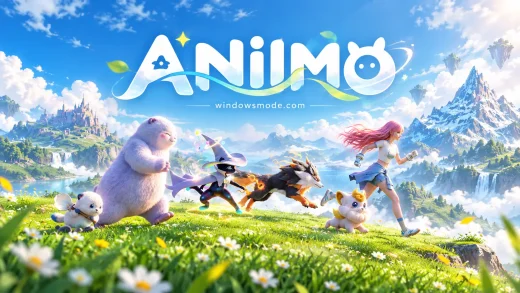 Aniimo title art over a sunny meadow, with a pink-haired girl running alongside a large white bear, a fire wolf, a witch-hat creature and two small fluffy Aniimo, floating islands and a snowy mountain behind them