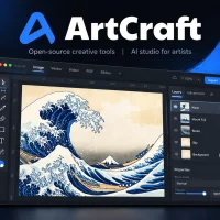 ArtCraft logo above a dark app window editing The Great Wave off Kanagawa in layers, with smaller Vector, Video, PDF and Slides app panels around it
