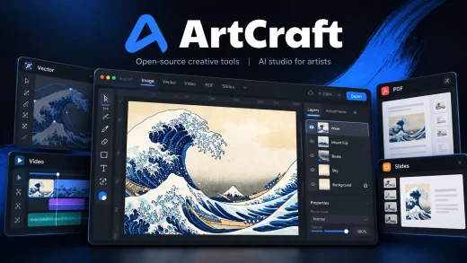 ArtCraft logo above a dark app window editing The Great Wave off Kanagawa in layers, with smaller Vector, Video, PDF and Slides app panels around it