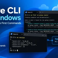 Azure CLI on Windows cover art with Install, Sign In and Run Your First Commands steps beside Windows Terminal windows running az find, az version and az login under the Azure logo